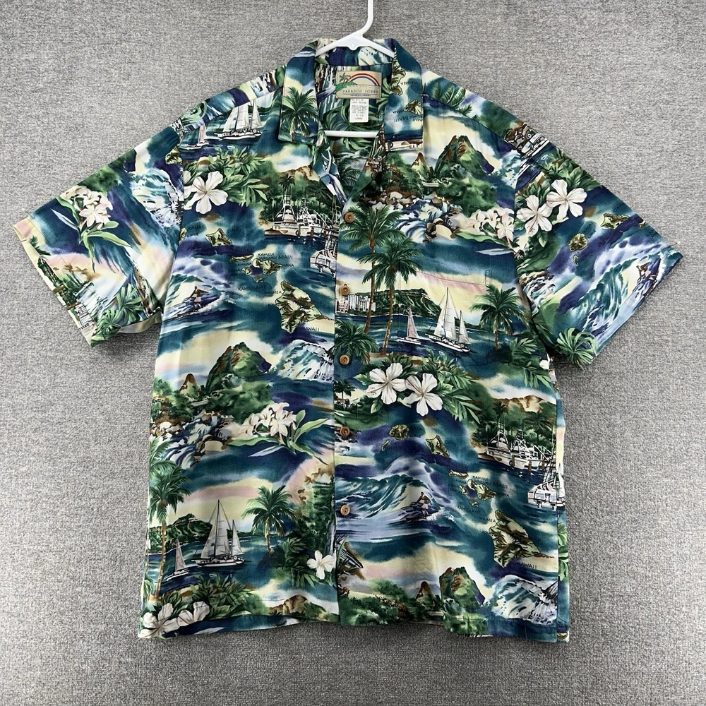 Paradise Found Hawaiian Shirt Men Size Large Islands Short Sleeve Tropical